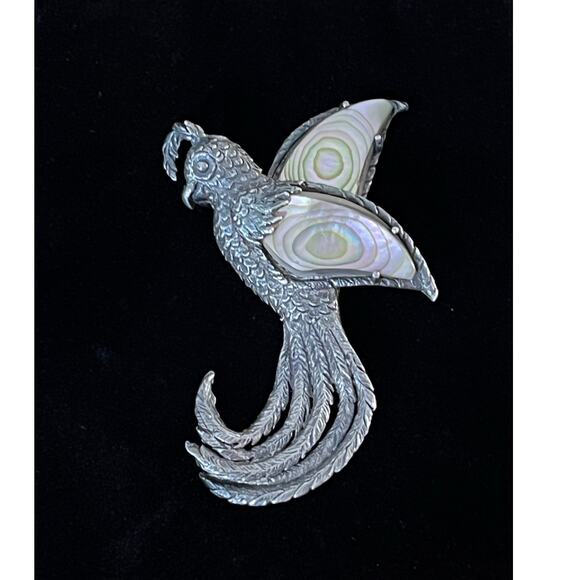 Vintage Jewelry - Vintage Sterling Silver Bird Brooch Abalone Shell Inlay Pin Signed STERLING Gift